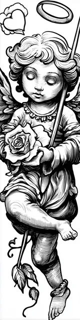 Free angel bookmark to color featuring looking at rose angel